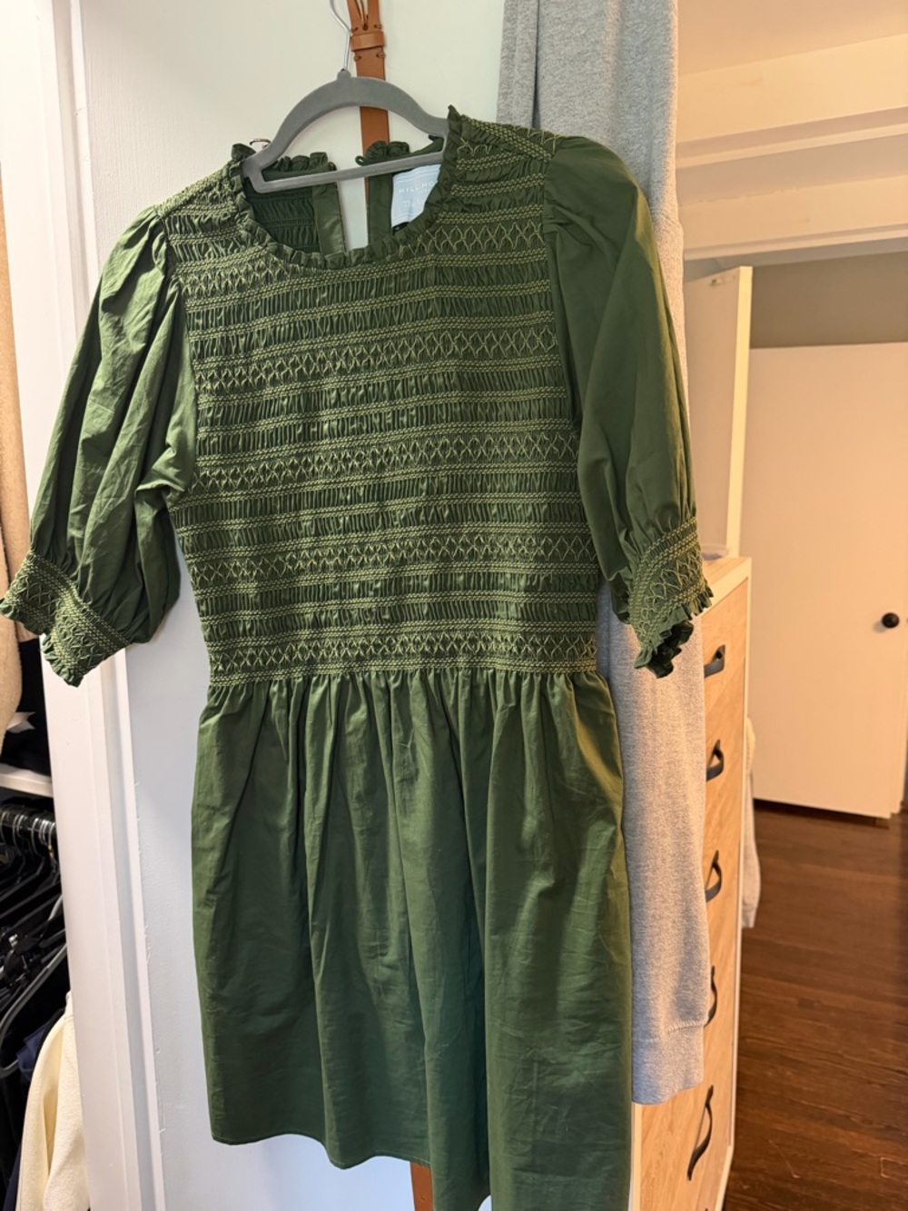 Hill House Olive Green Smocked Puff-Sleeve Dress